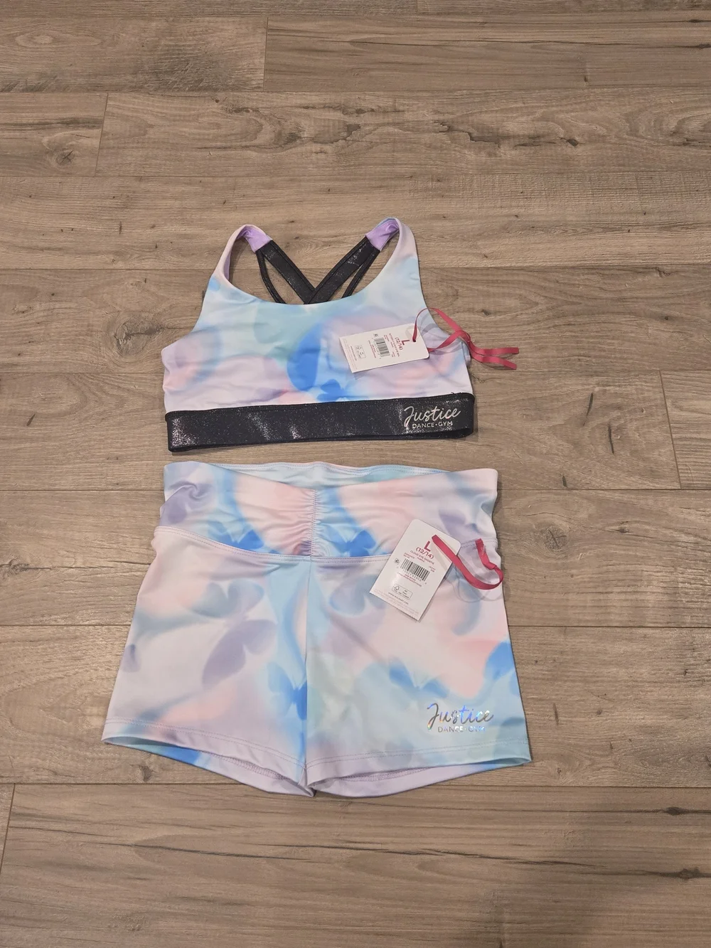 Justice Pastel Tie-Dye Sports Bra with Black Glitter Band & Matching Shorts LG